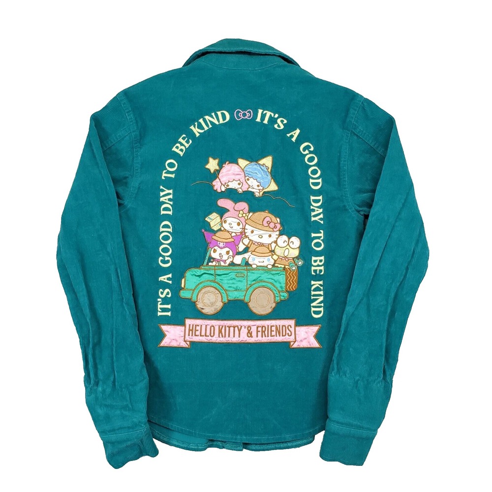 Sanrio Hello Kitty Friends Corduroy Shirt Mens SM Teal Embroidered Kawaii Y2K